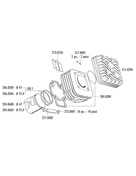 Gruppo Termico Polini 140.0181 47mm 70cc per Piaggio Zip Free Liberty 2T